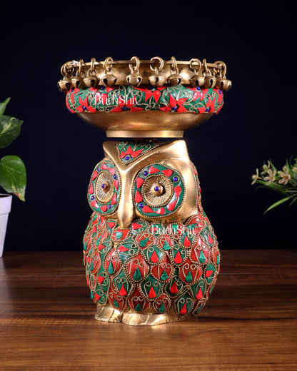 Pure Brass Urli Bowl with Large Owl – Adorned with Stonework | Unique Gift & Home Accent