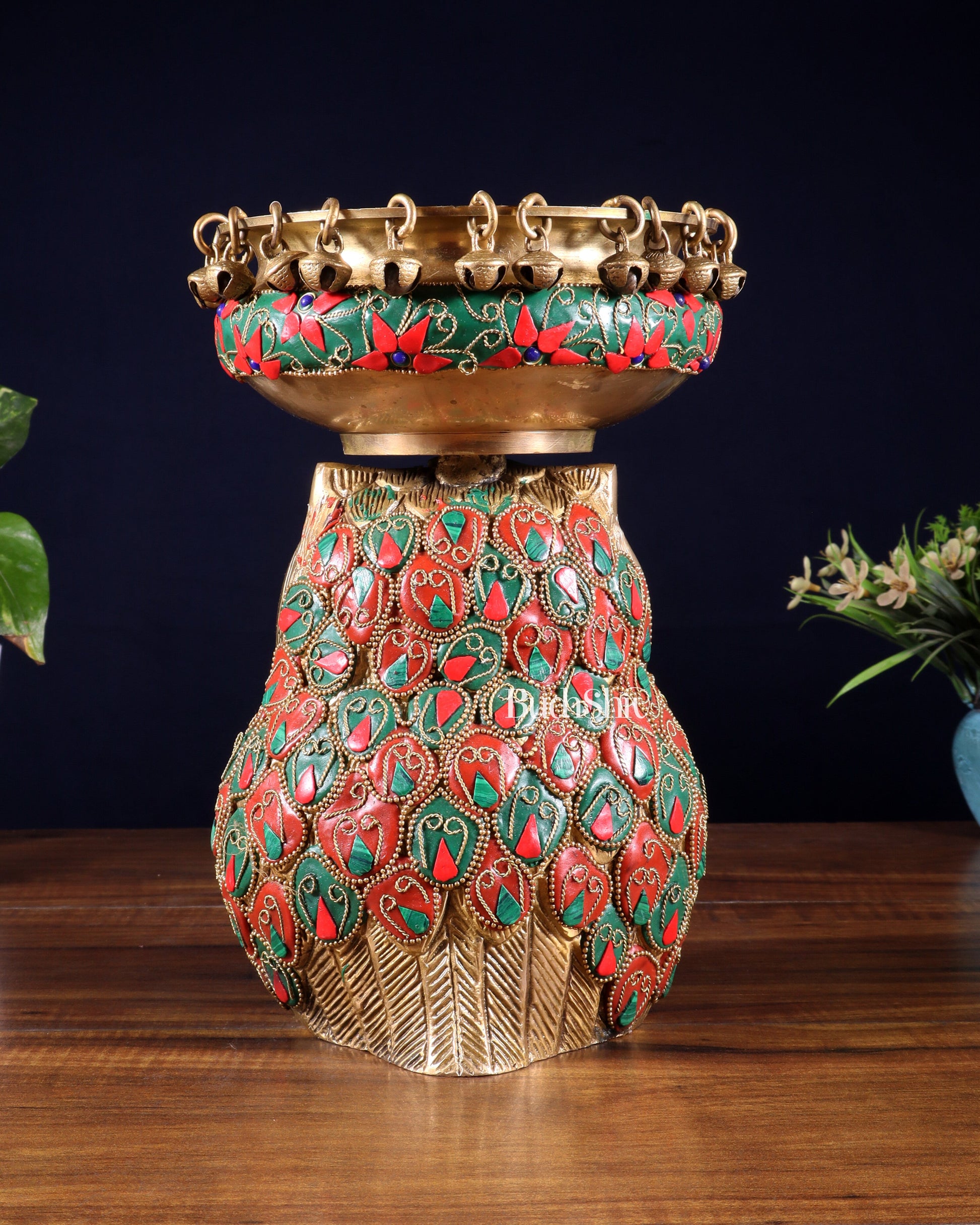 Pure Brass Urli Bowl with Large Owl – Adorned with Stonework | Unique Gift & Home Accent