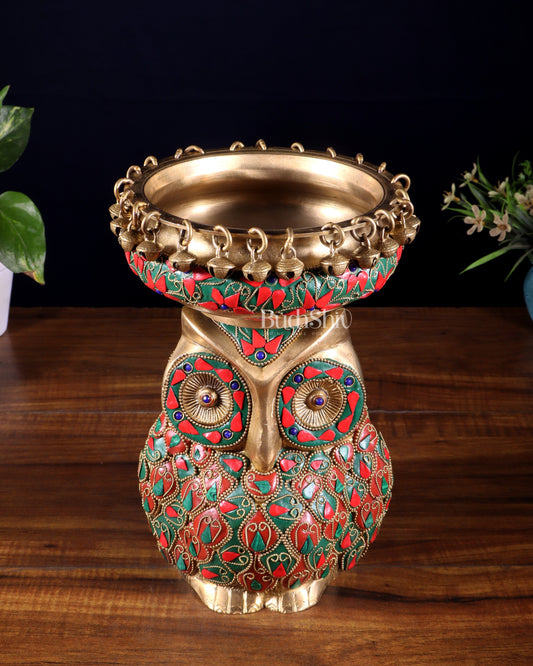 Pure Brass Urli Bowl with Large Owl – Adorned with Stonework | Unique Gift & Home Accent