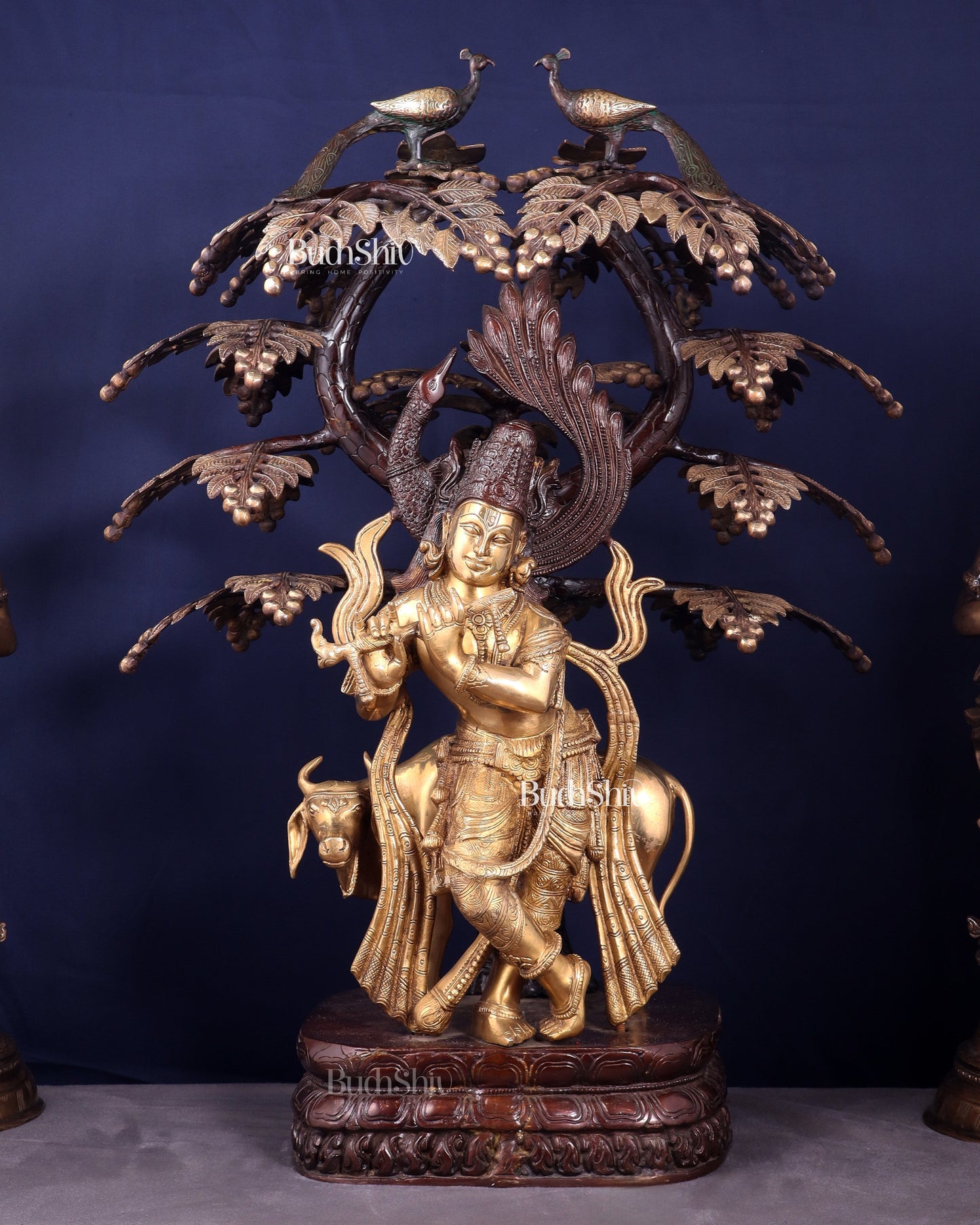 Brass Lord Krishna with Cow under Kalpavriksha – Large Statue 33" glossy copper and gold tone