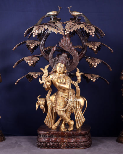 Brass Lord Krishna with Cow under Kalpavriksha – Large Statue 33" glossy copper and gold tone