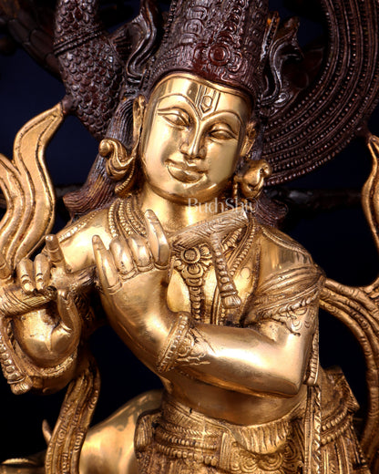 Brass Lord Krishna with Cow under Kalpavriksha – Large Statue 33" glossy copper and gold tone