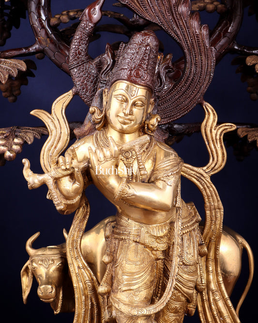 Brass Lord Krishna with Cow under Kalpavriksha – Large Statue 33" glossy copper and gold tone
