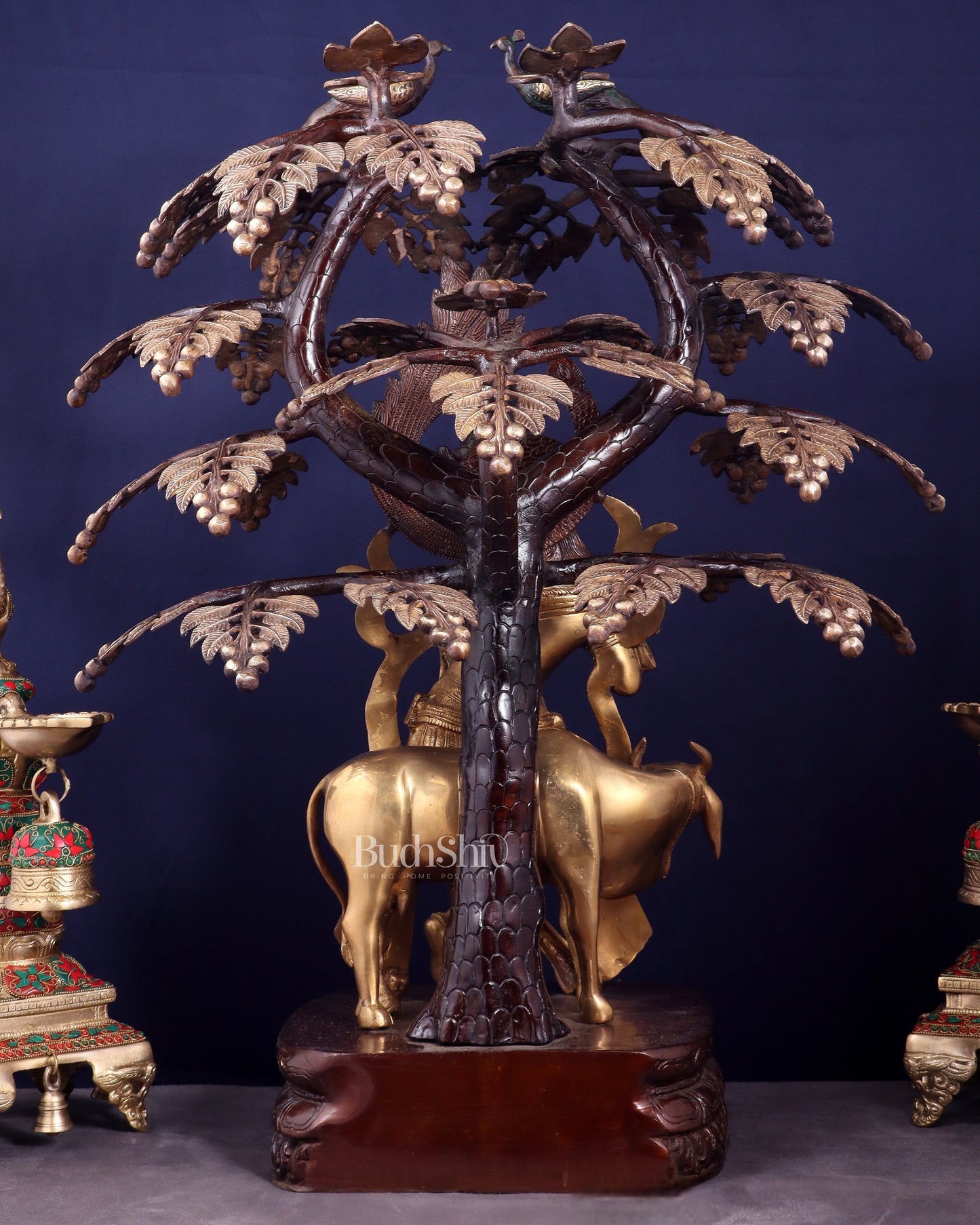Brass Lord Krishna with Cow under Kalpavriksha – Large Statue 33" glossy copper and gold tone