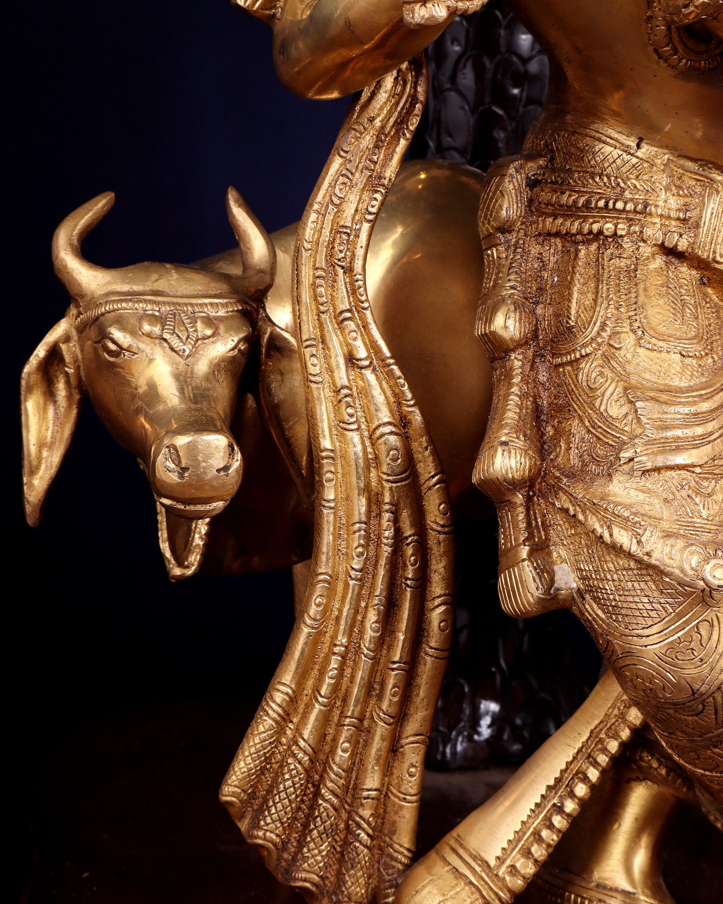 Brass Lord Krishna with Cow under Kalpavriksha – Large Statue 33" glossy copper and gold tone