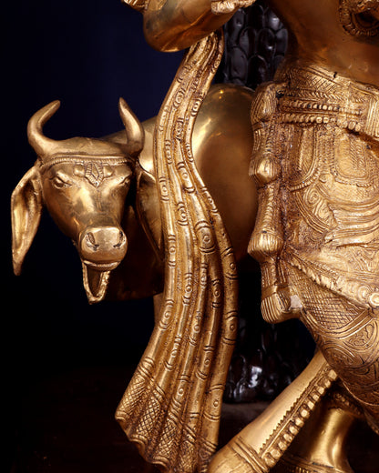 Brass Lord Krishna with Cow under Kalpavriksha – Large Statue 33" glossy copper and gold tone