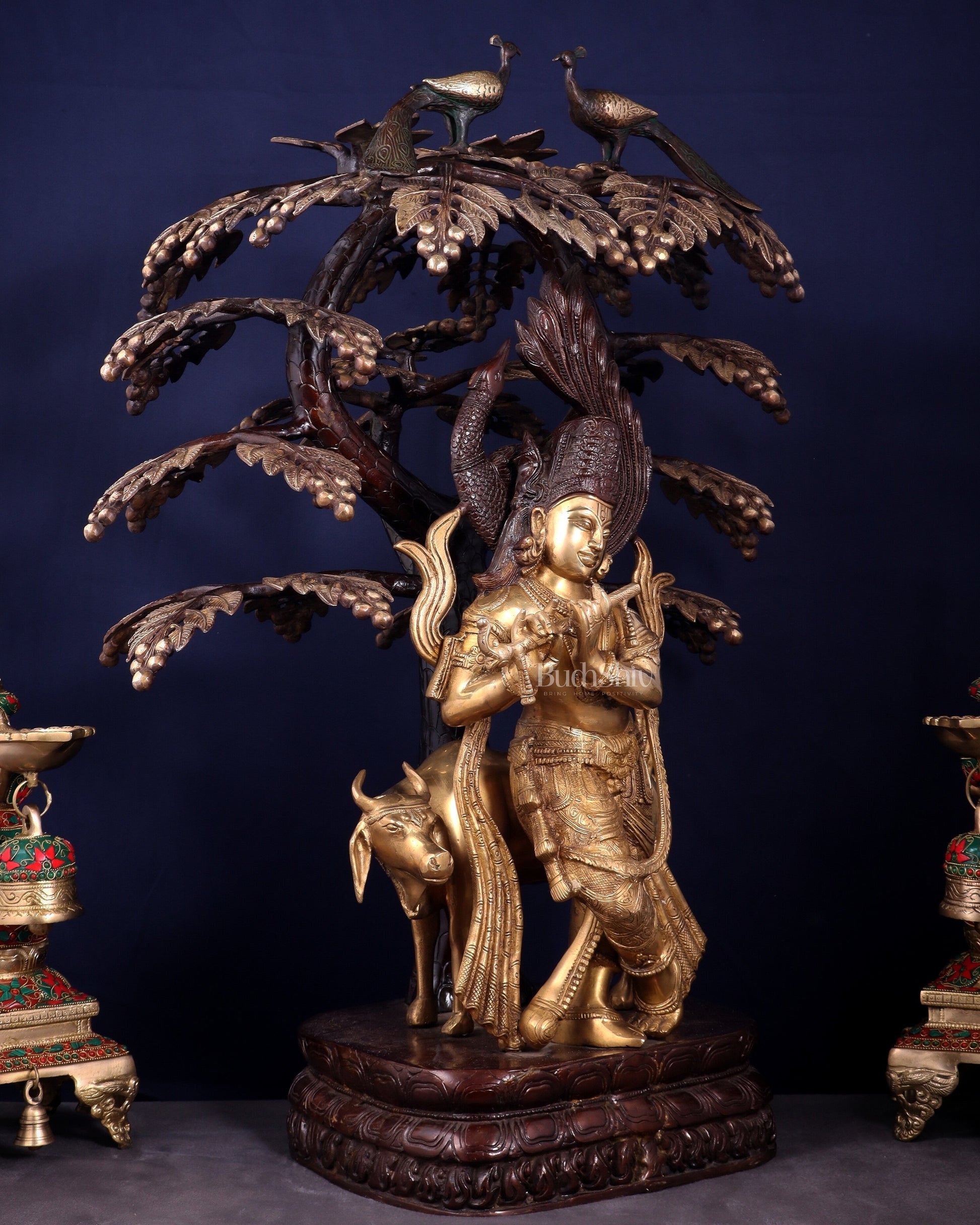 Brass Lord Krishna with Cow under Kalpavriksha – Large Statue 33" glossy copper and gold tone
