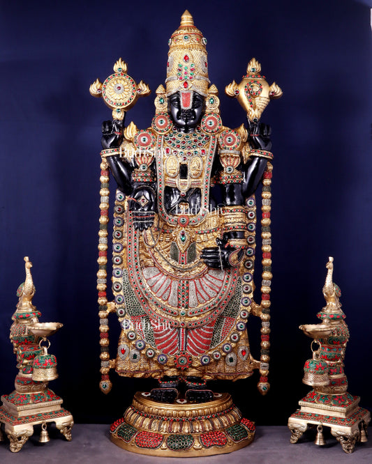 Brass Tirupati Balaji Idol 48 inch with jewellers meenakari Stonework