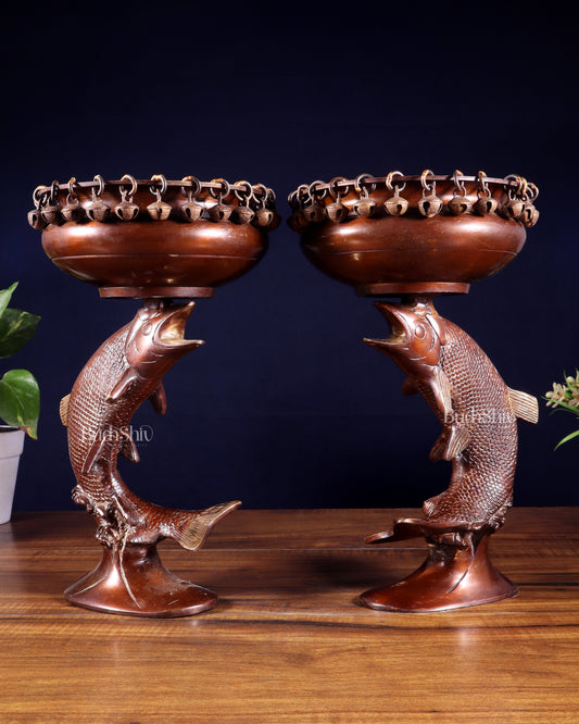 Pair of Designer Brass Jumping Dolphin Urli Bowls with Ghungroos | Festive Décor & Auspicious Gifting