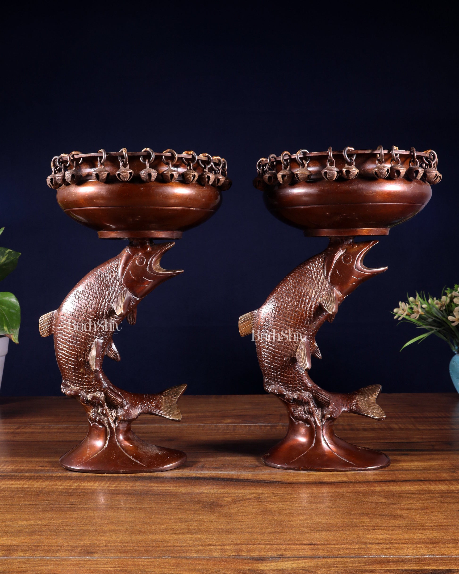 Pair of Designer Brass Jumping Dolphin Urli Bowls with Ghungroos | Festive Décor & Auspicious Gifting