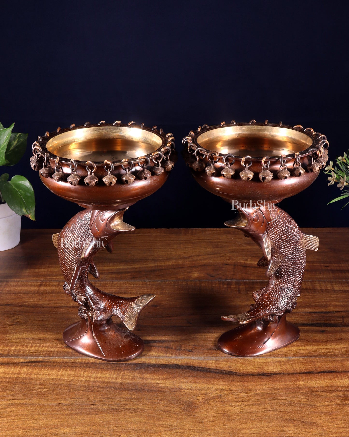 Pair of Designer Brass Jumping Dolphin Urli Bowls with Ghungroos | Festive Décor & Auspicious Gifting