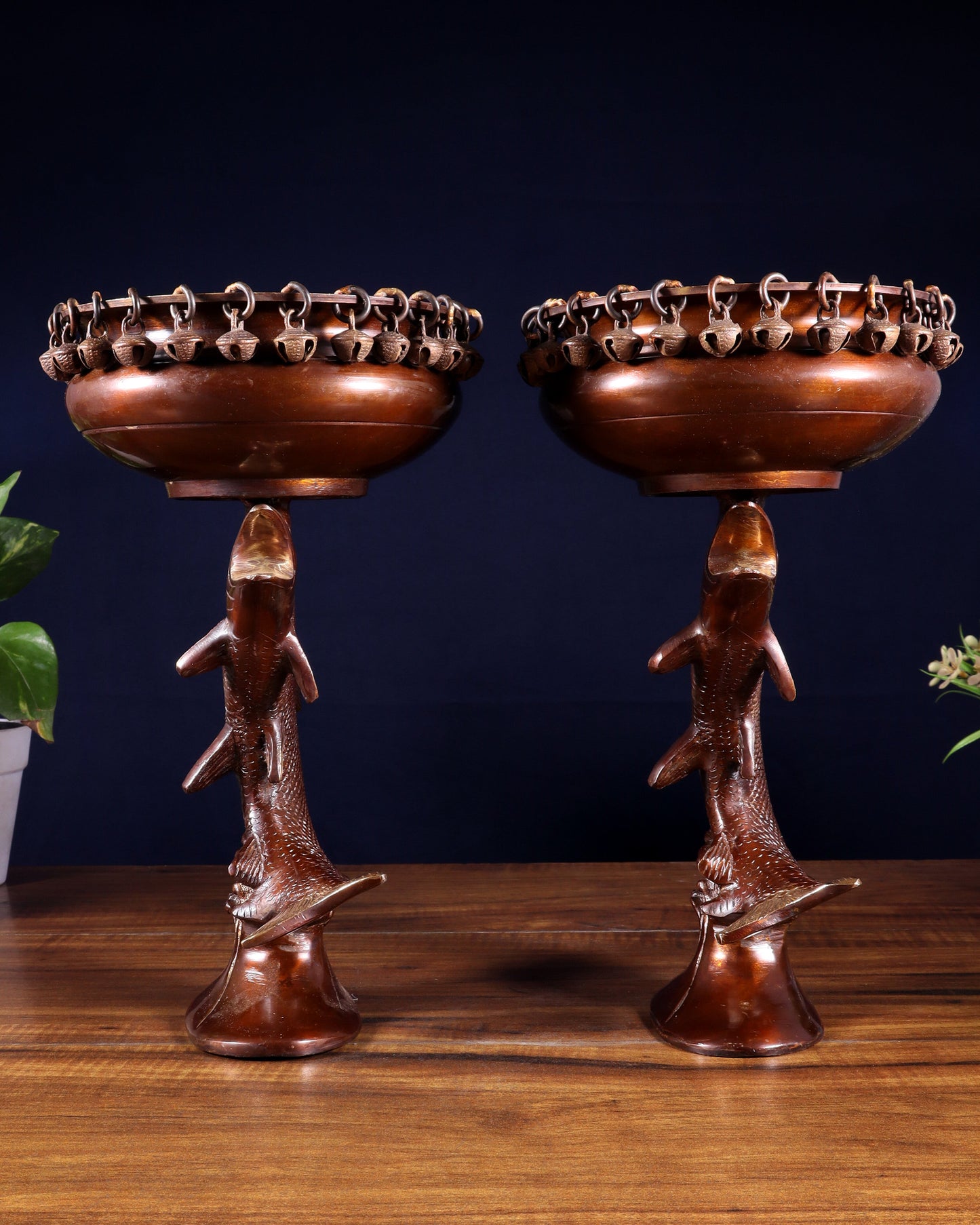 Pair of Designer Brass Jumping Dolphin Urli Bowls with Ghungroos | Festive Décor & Auspicious Gifting