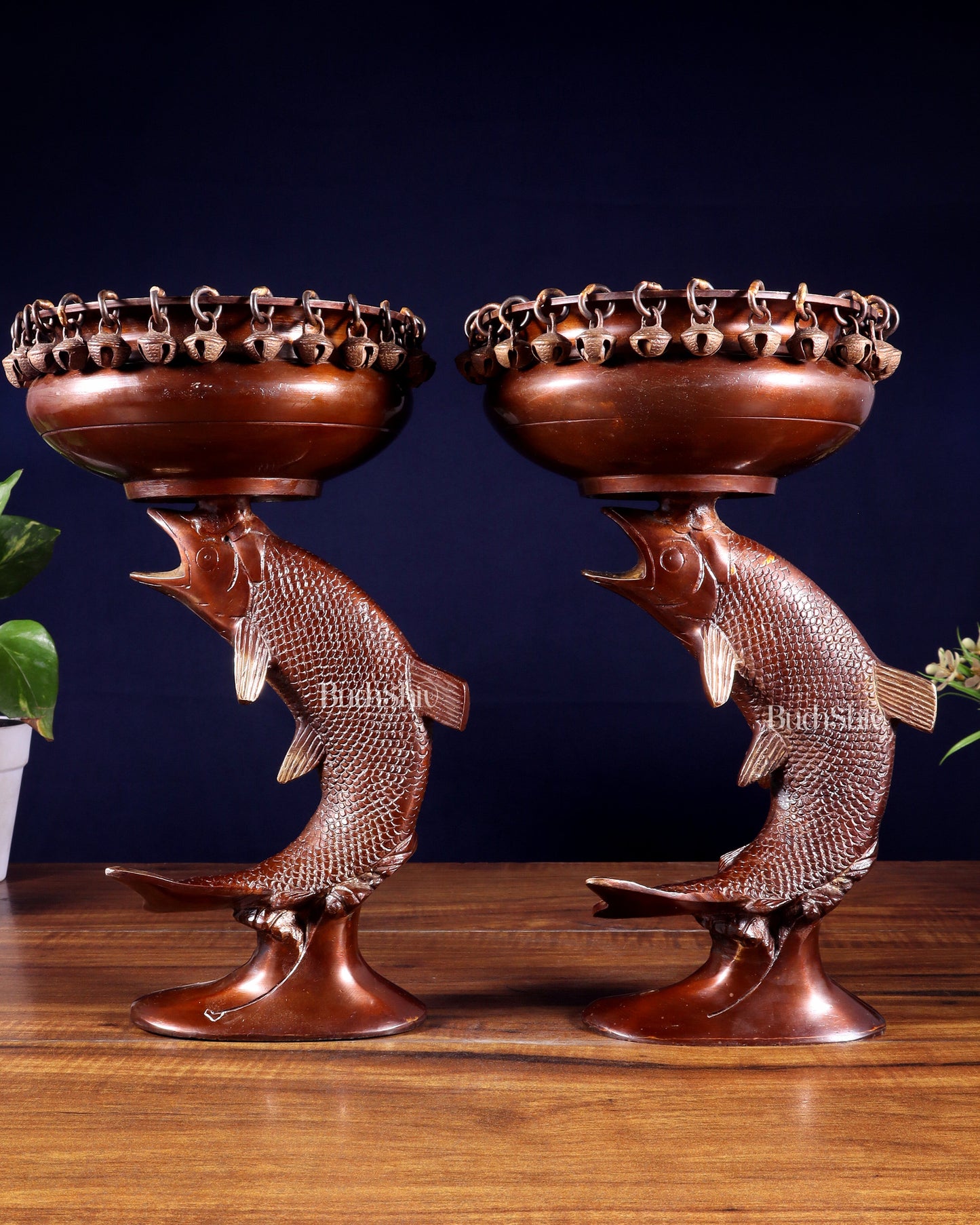 Pair of Designer Brass Jumping Dolphin Urli Bowls with Ghungroos | Festive Décor & Auspicious Gifting