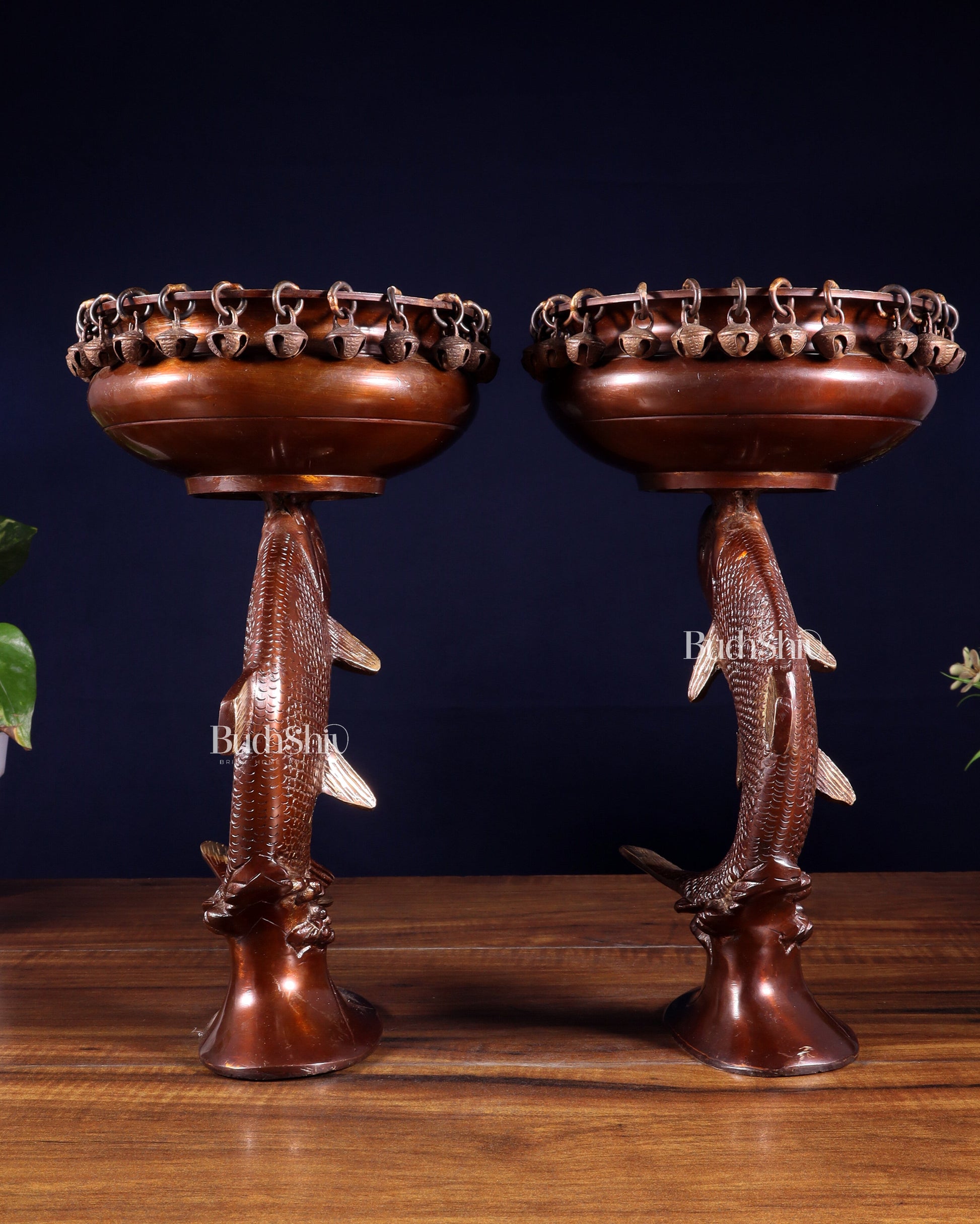 Pair of Designer Brass Jumping Dolphin Urli Bowls with Ghungroos | Festive Décor & Auspicious Gifting