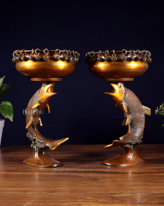 Pair of Designer Brass Jumping Dolphin Urli Bowls with Ghungroos | Festive Décor & Auspicious Gifting