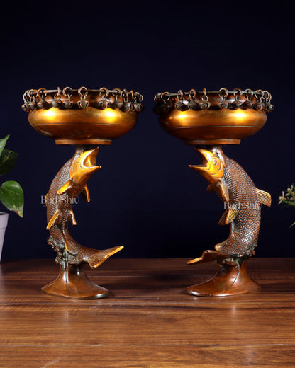 Pair of Designer Brass Jumping Dolphin Urli Bowls with Ghungroos | Festive Décor & Auspicious Gifting