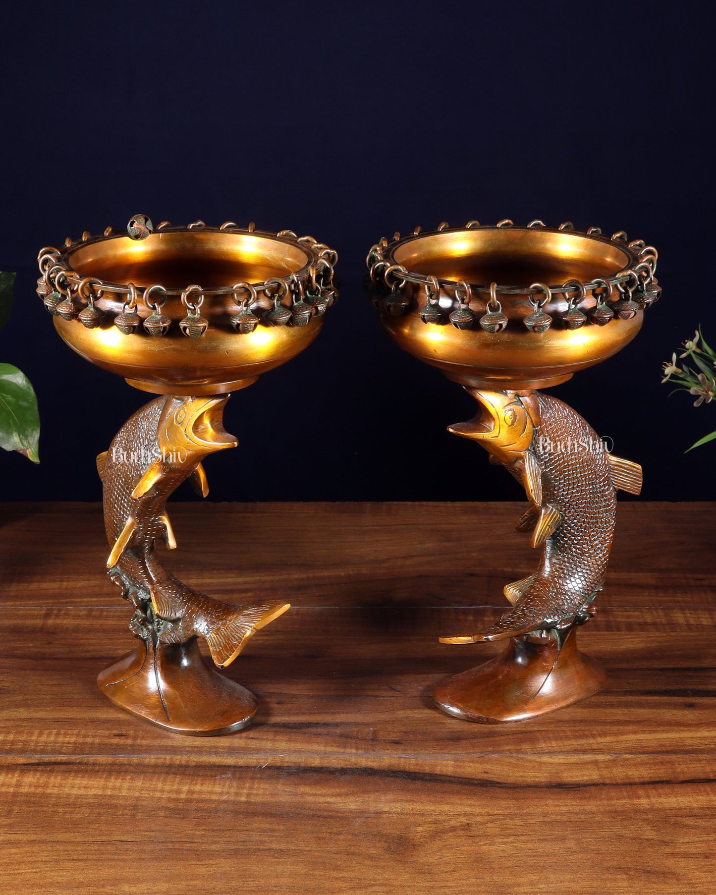 Pair of Designer Brass Jumping Dolphin Urli Bowls with Ghungroos | Festive Décor & Auspicious Gifting