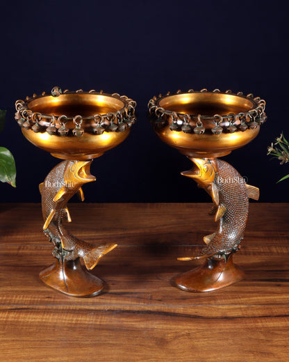 Pair of Designer Brass Jumping Dolphin Urli Bowls with Ghungroos | Festive Décor & Auspicious Gifting