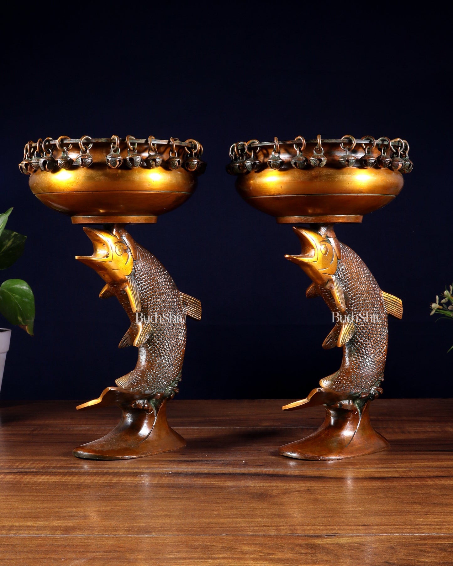 Pair of Designer Brass Jumping Dolphin Urli Bowls with Ghungroos | Festive Décor & Auspicious Gifting