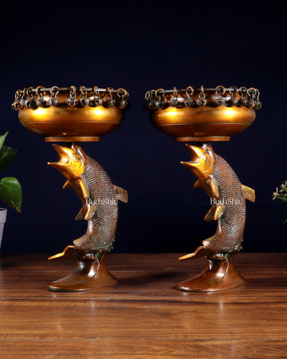 Pair of Designer Brass Jumping Dolphin Urli Bowls with Ghungroos | Festive Décor & Auspicious Gifting