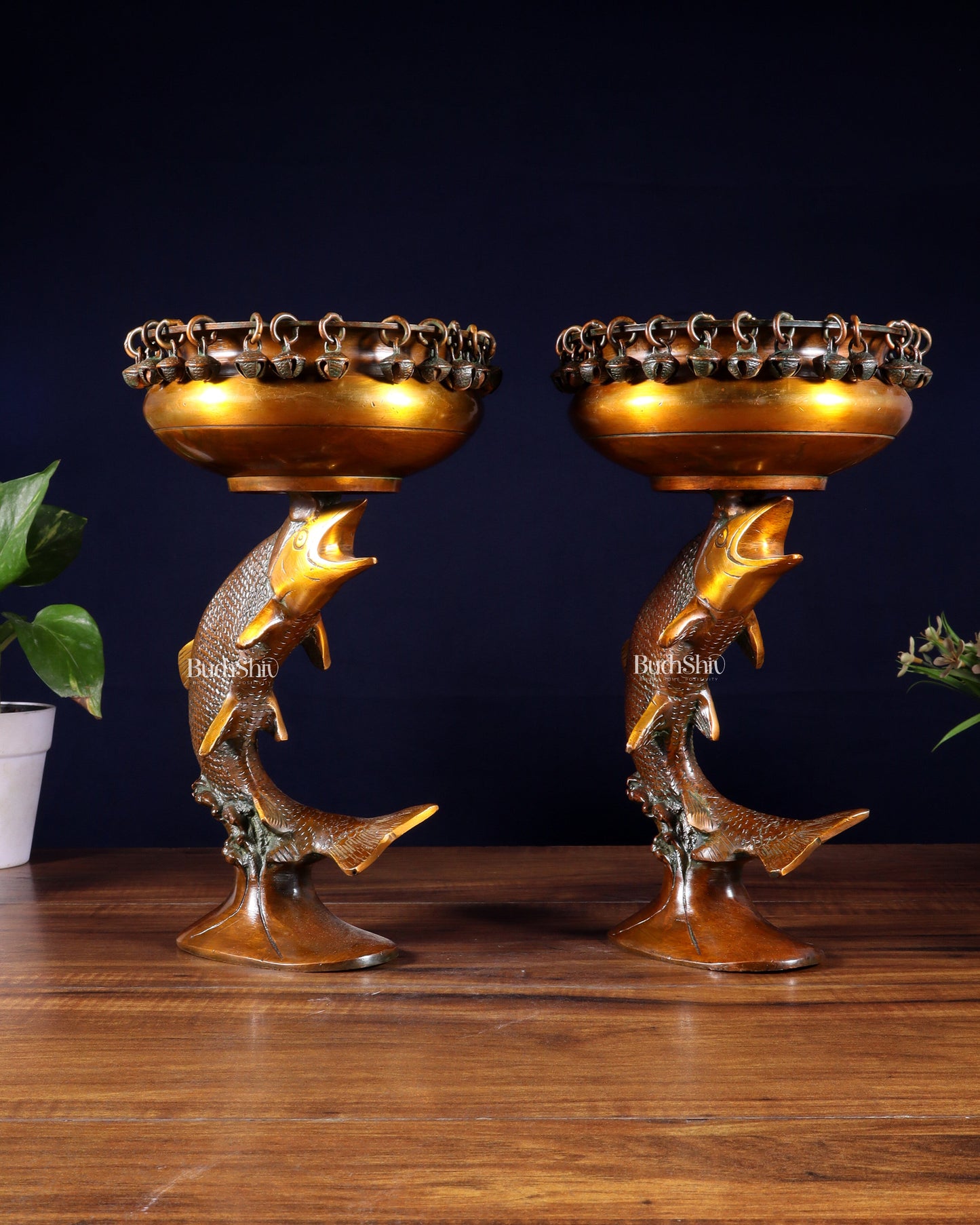Pair of Designer Brass Jumping Dolphin Urli Bowls with Ghungroos | Festive Décor & Auspicious Gifting