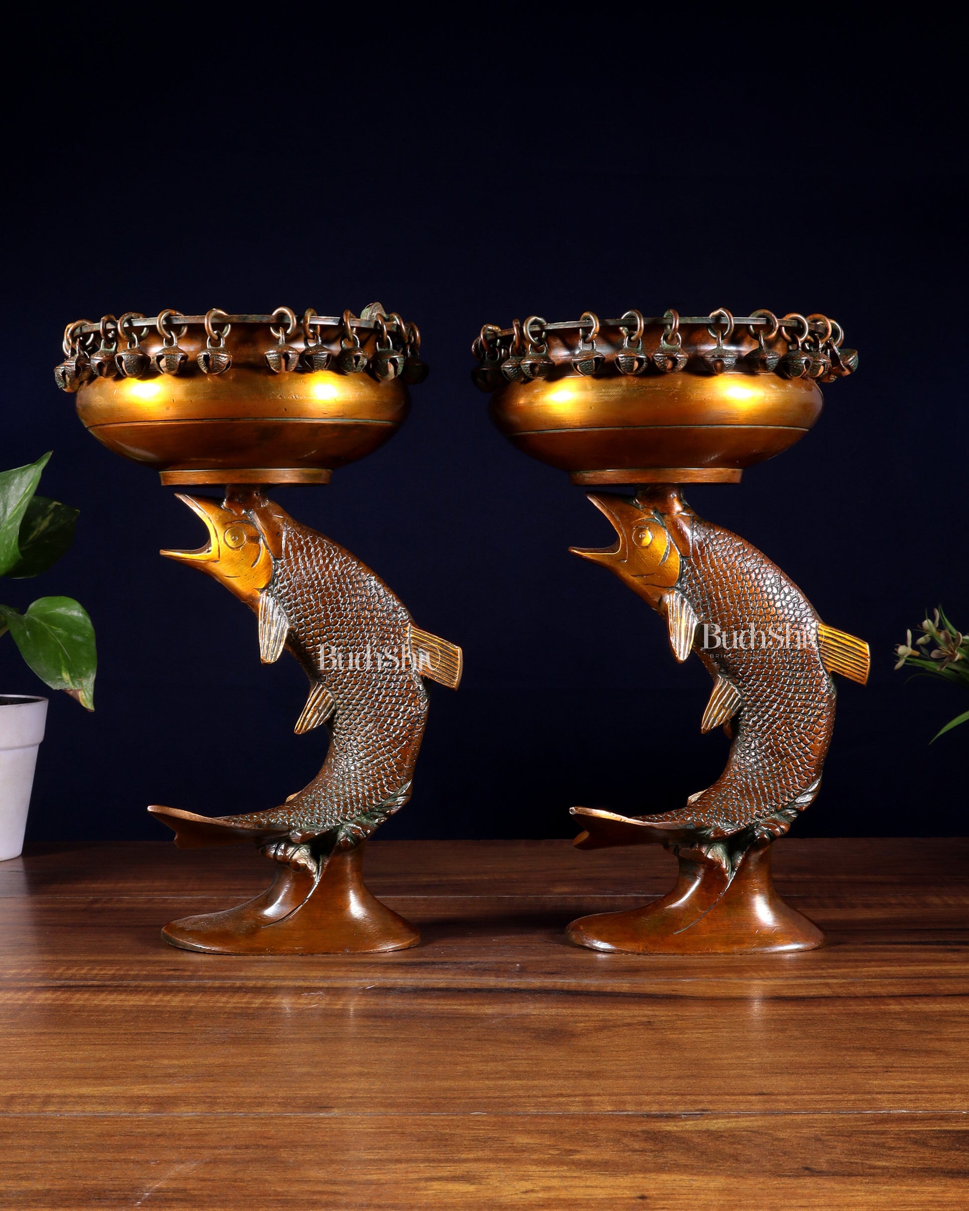 Pair of Designer Brass Jumping Dolphin Urli Bowls with Ghungroos | Festive Décor & Auspicious Gifting