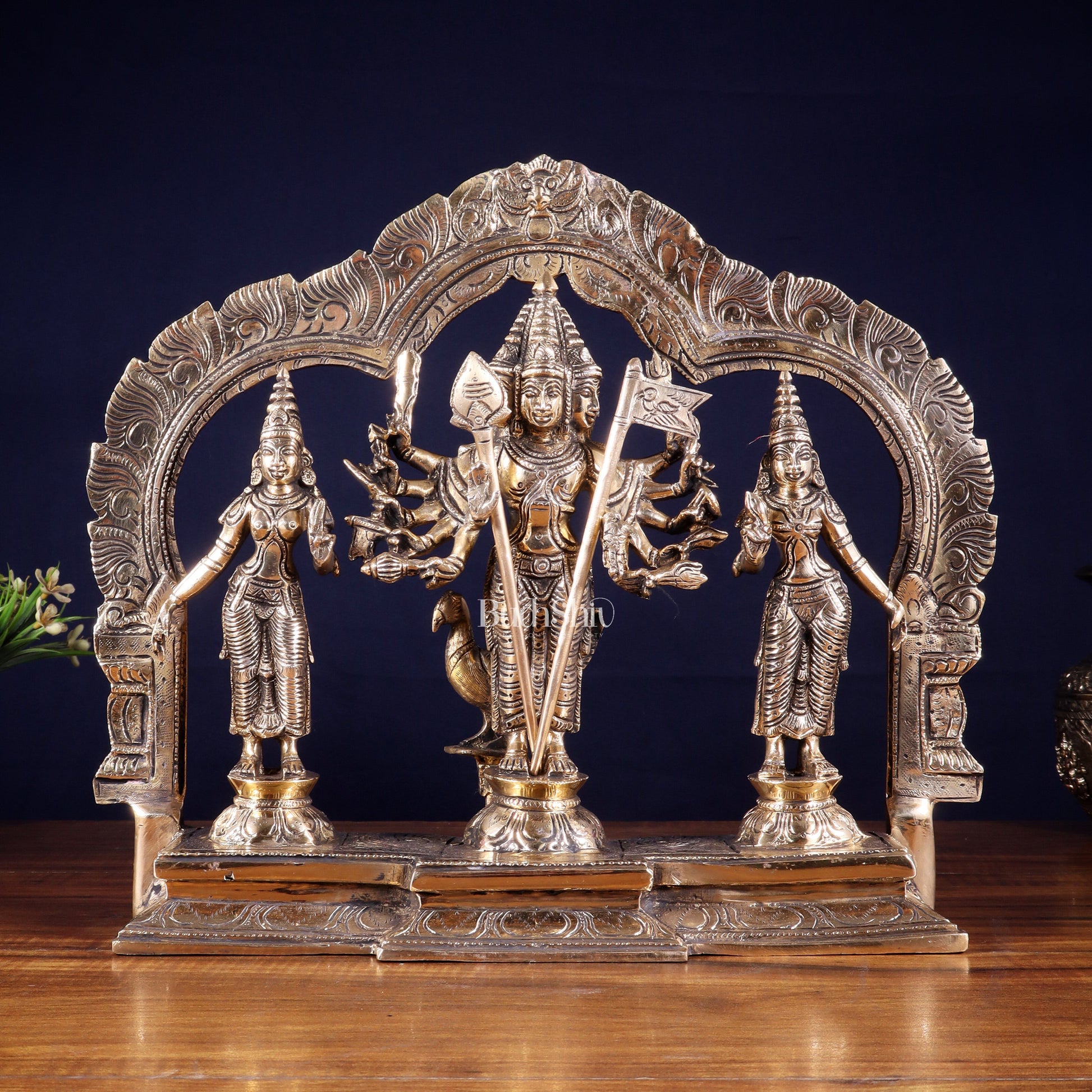 Pure Brass Lord Murugan with Valli & Devasena Idol | Intricately Crafted Shan Murugan Statue 12 inch