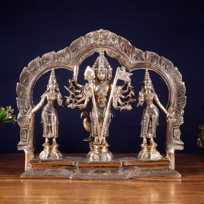 Pure Brass Lord Murugan with Valli & Devasena Idol | Intricately Crafted Shan Murugan Statue 12 inch