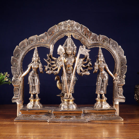 Pure Brass Lord Murugan with Valli & Devasena Idol | Intricately Crafted Shan Murugan Statue 12 inch