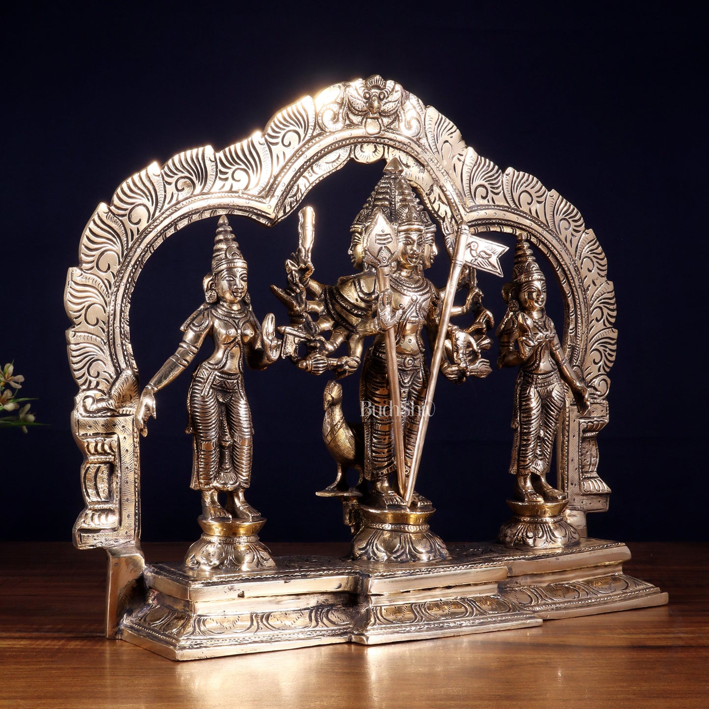 Pure Brass Lord Murugan with Valli & Devasena Idol | Intricately Crafted Shan Murugan Statue 12 inch