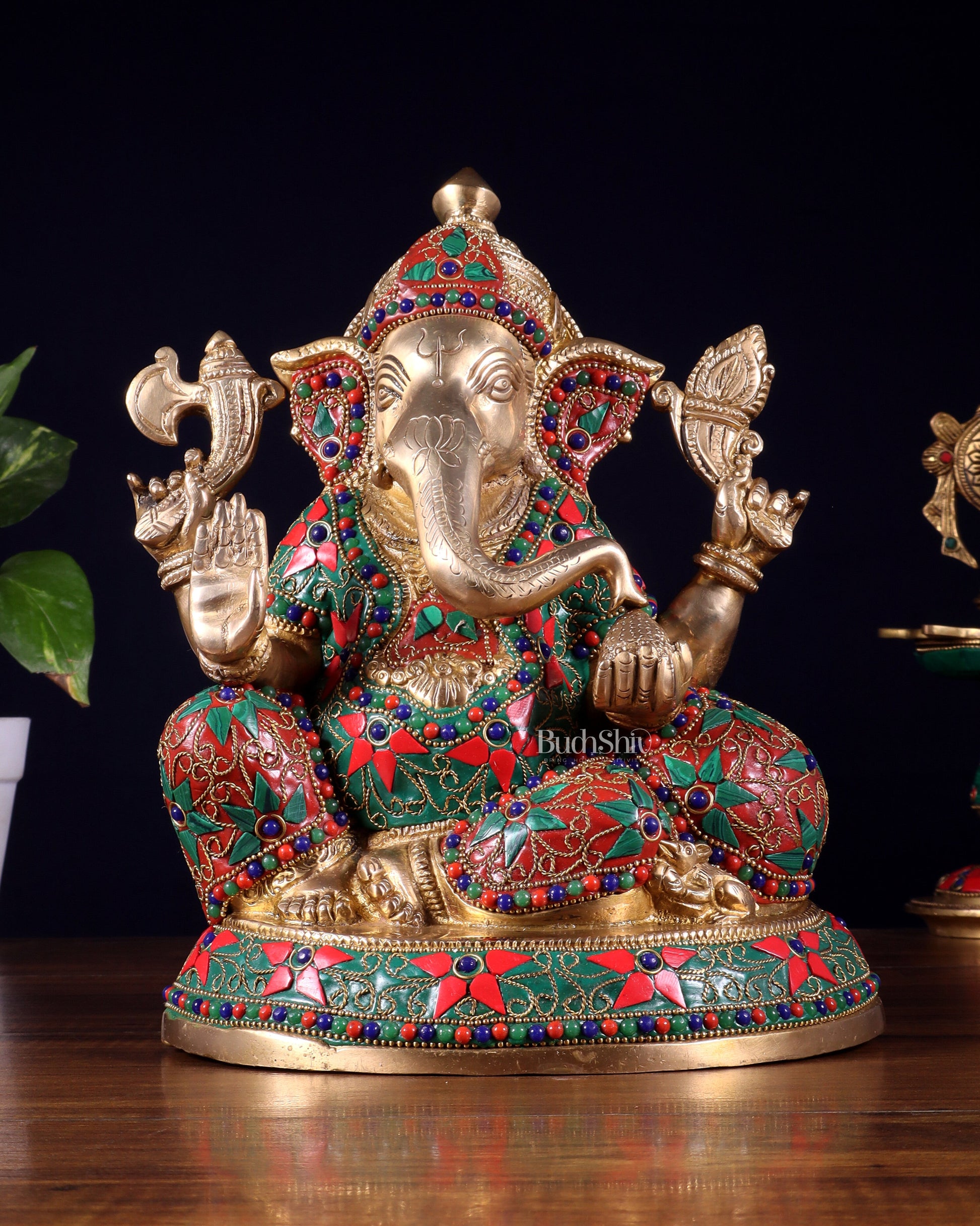 Brass Lord Ganesha Idol with Floral Stonework | Unique Handcrafted Design 9.5"