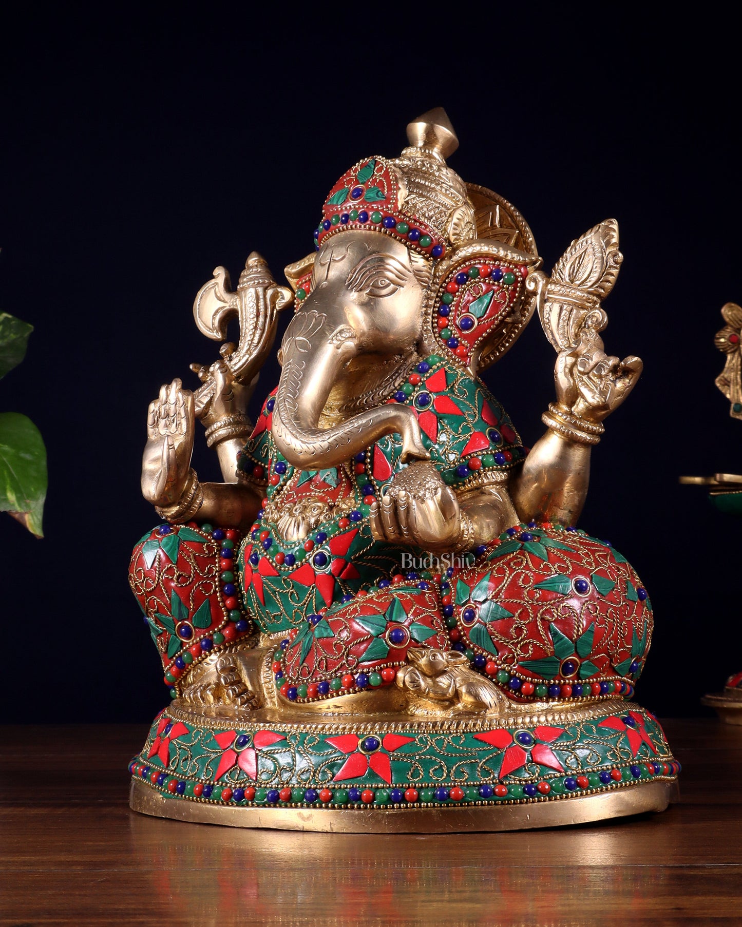 Brass Lord Ganesha Idol with Floral Stonework | Unique Handcrafted Design 9.5"