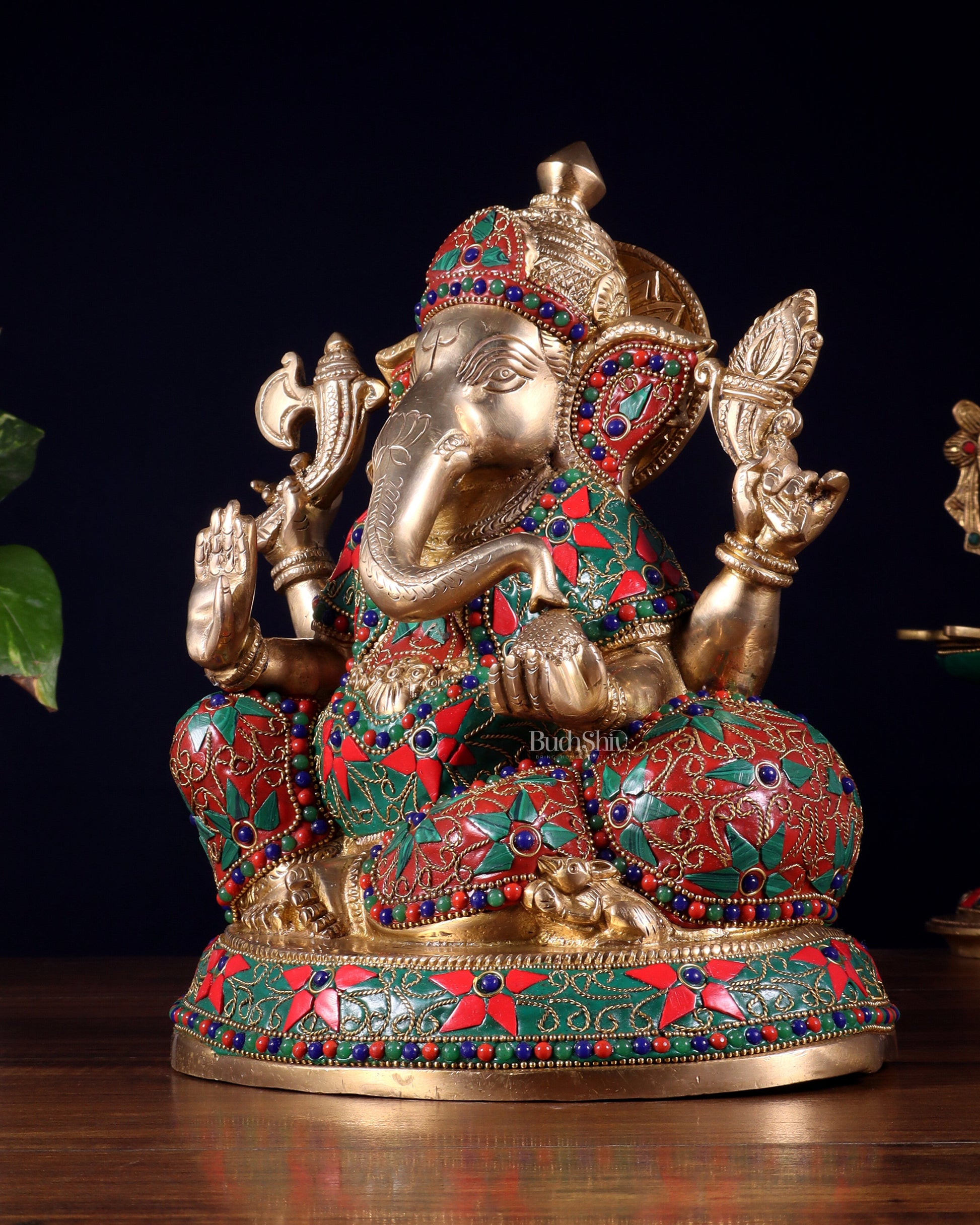 Brass Lord Ganesha Idol with Floral Stonework | Unique Handcrafted Design 9.5"