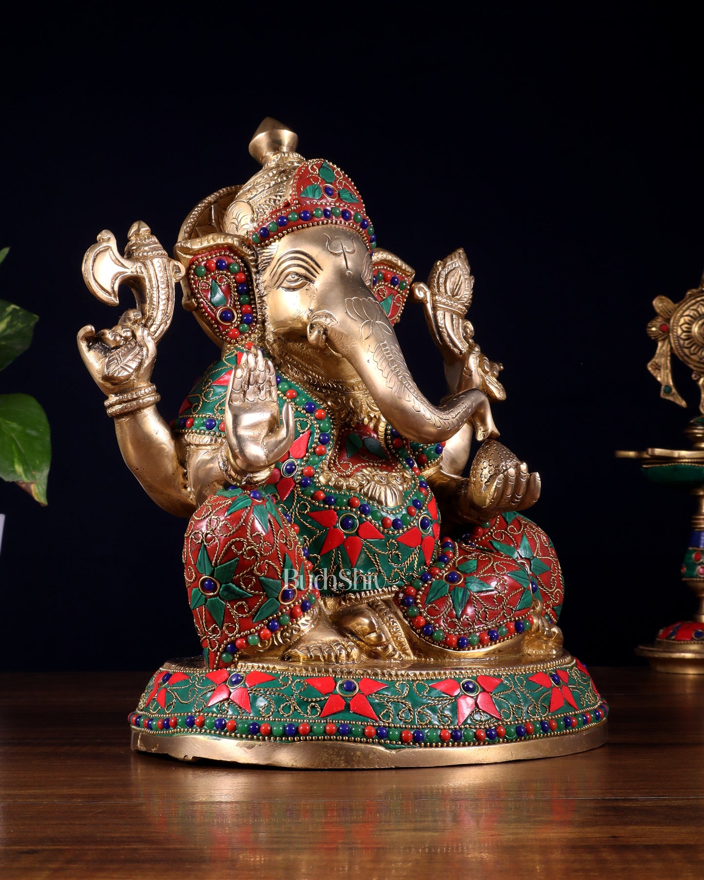 Brass Lord Ganesha Idol with Floral Stonework | Unique Handcrafted Design 9.5"