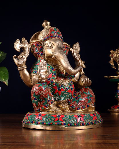 Brass Lord Ganesha Idol with Floral Stonework | Unique Handcrafted Design 9.5"