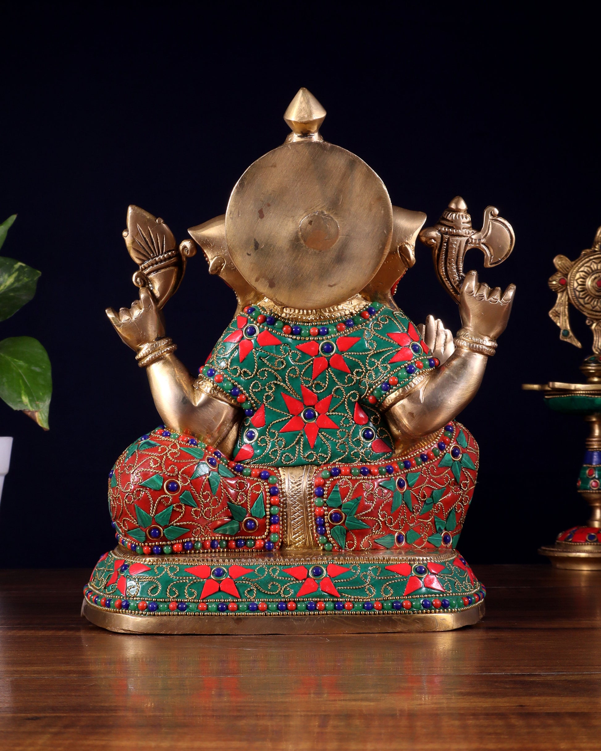 Brass Lord Ganesha Idol with Floral Stonework | Unique Handcrafted Design 9.5"