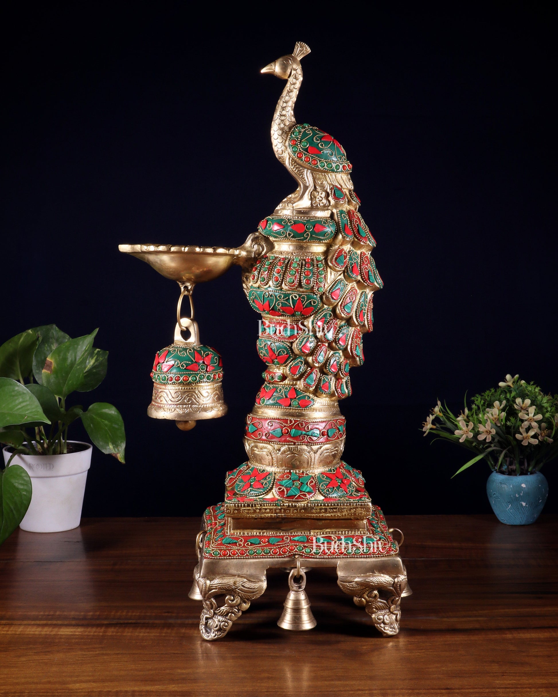Brass Large Peacock Diya with Meenakari Stonework | 19-Inch Traditional Oil Lamp pair