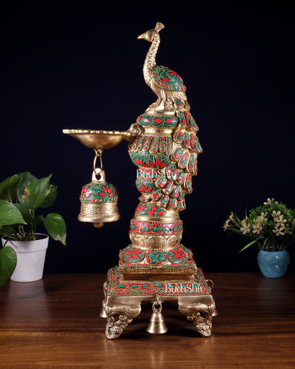 Brass Large Peacock Diya with Meenakari Stonework | 19-Inch Traditional Oil Lamp pair