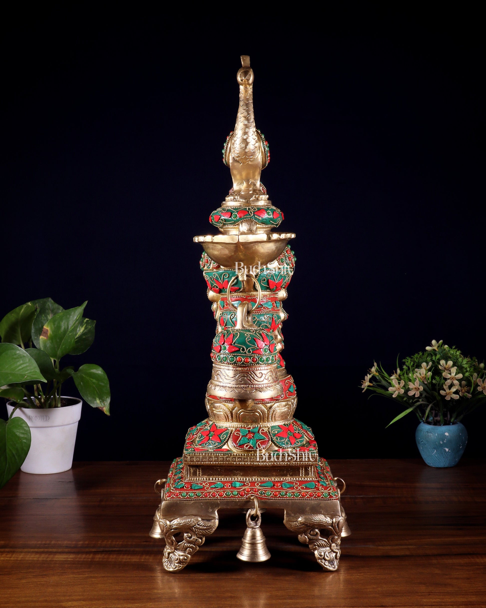 Brass Large Peacock Diya with Meenakari Stonework | 19-Inch Traditional Oil Lamp