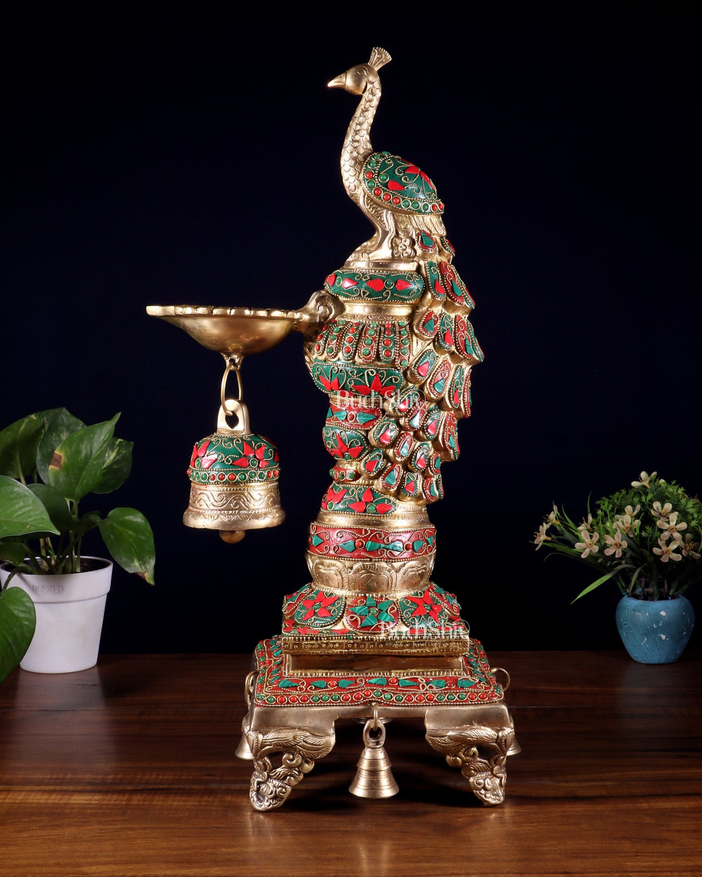 Brass Large Peacock Diya with Meenakari Stonework | 19-Inch Traditional Oil Lamp