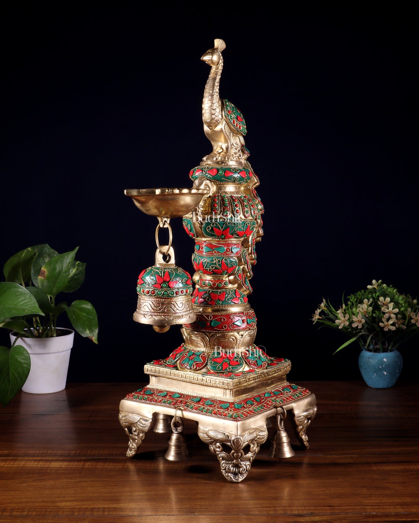 Brass Large Peacock Diya with Meenakari Stonework | 19-Inch Traditional Oil Lamp