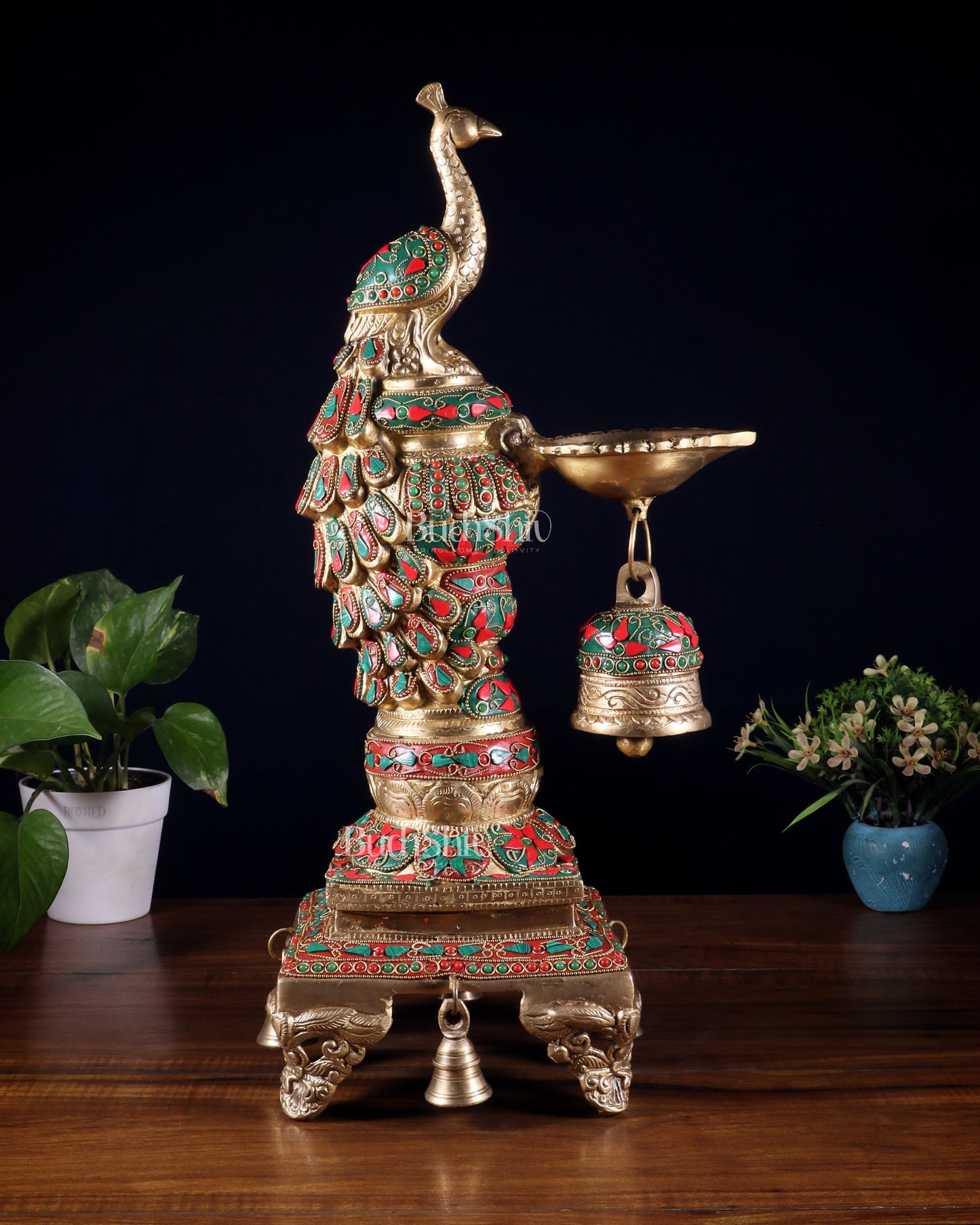 Brass Large Peacock Diya with Meenakari Stonework | 19-Inch Traditional Oil Lamp