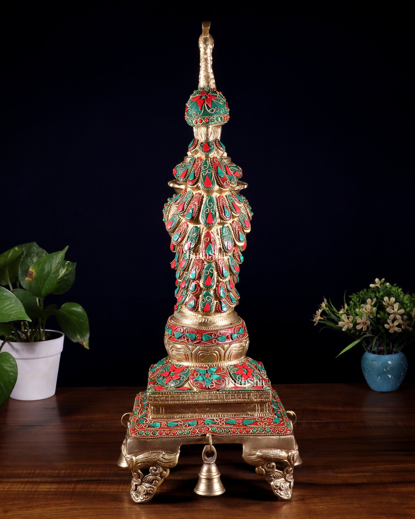 Brass Large Peacock Diya with Meenakari Stonework | 19-Inch Traditional Oil Lamp