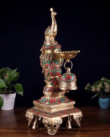 Brass Large Peacock Diya with Meenakari Stonework | 19-Inch Traditional Oil Lamp