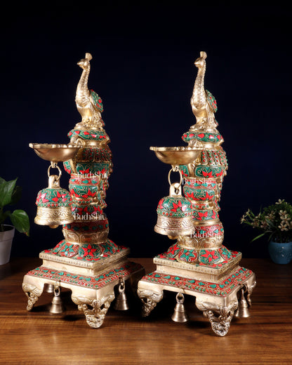 Brass Large Peacock Diya with Meenakari Stonework | 19-Inch Traditional Oil Lamp pair