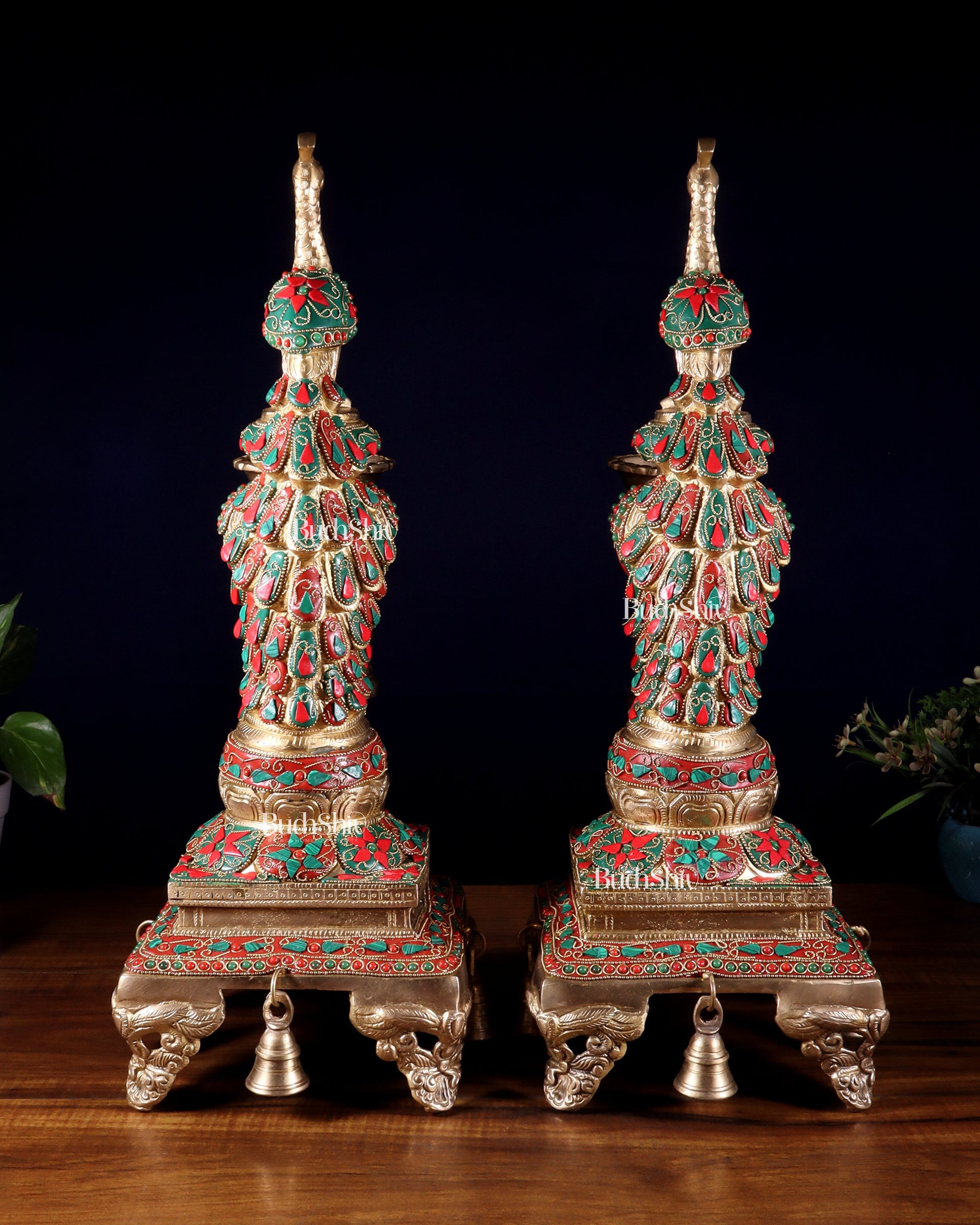 Brass Large Peacock Diya with Meenakari Stonework | 19-Inch Traditional Oil Lamp pair