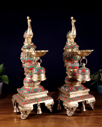 Brass Large Peacock Diya with Meenakari Stonework | 19-Inch Traditional Oil Lamp pair