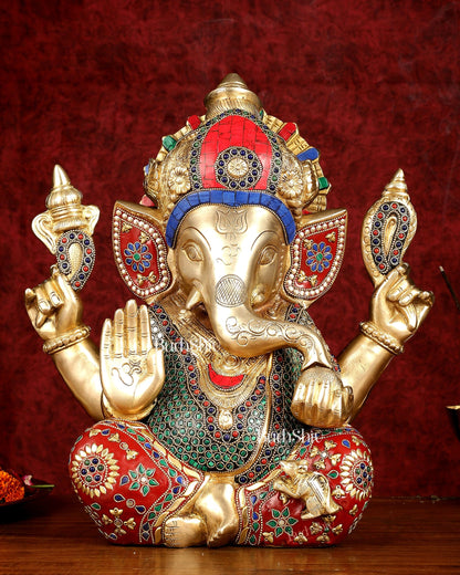 Pure Brass Ganapati Statue multicolour work 15"