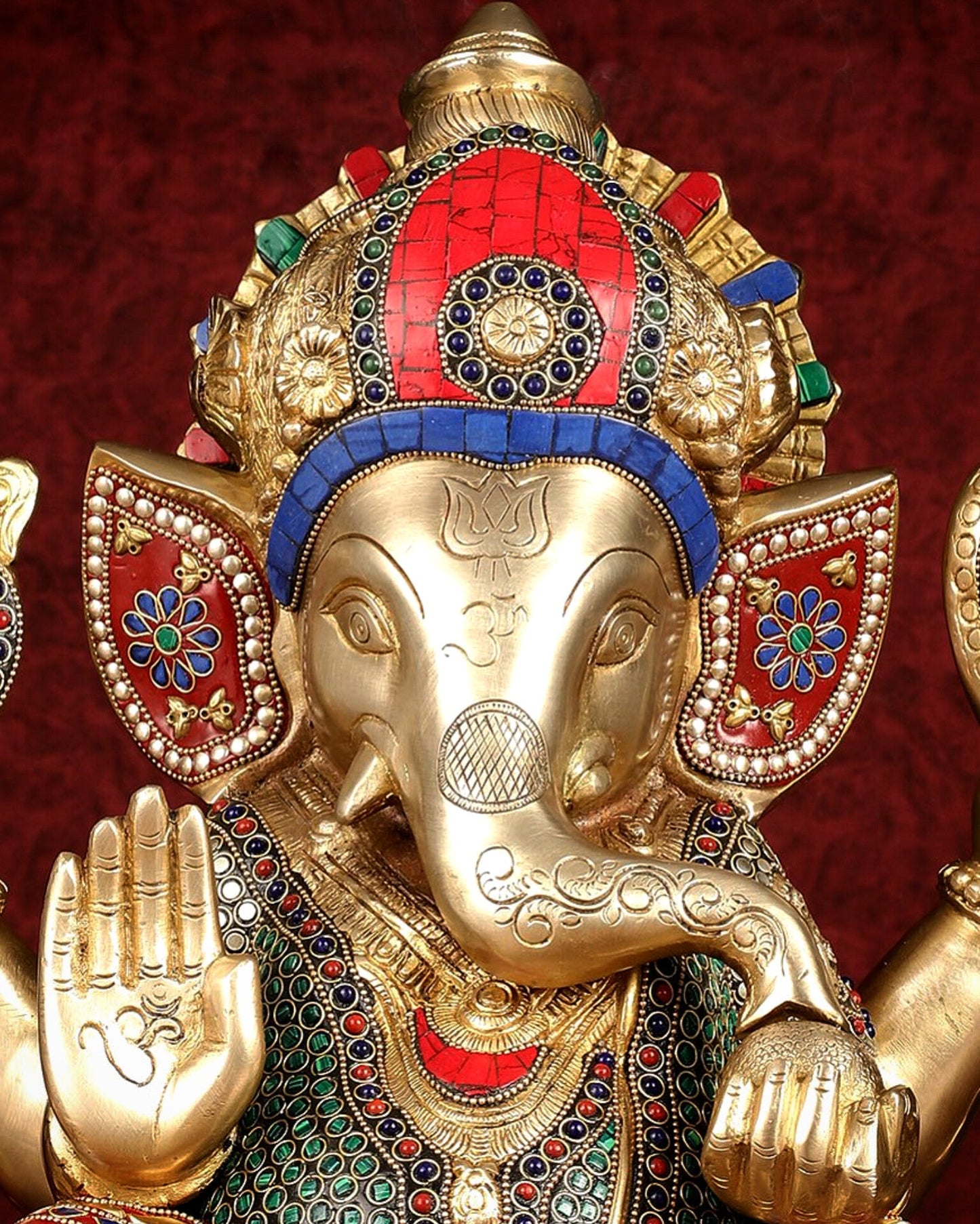 Pure Brass Ganapati Statue multicolour work 15"