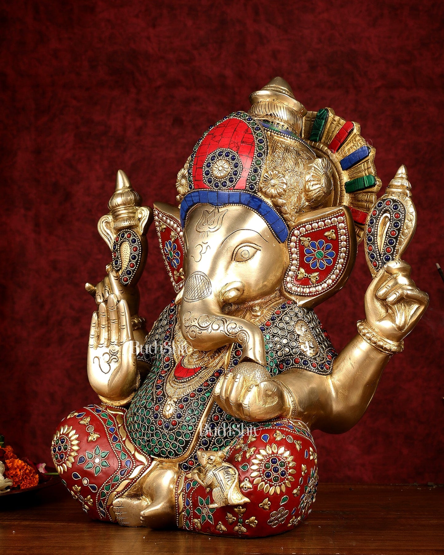 Pure Brass Ganapati Statue multicolour work 15"